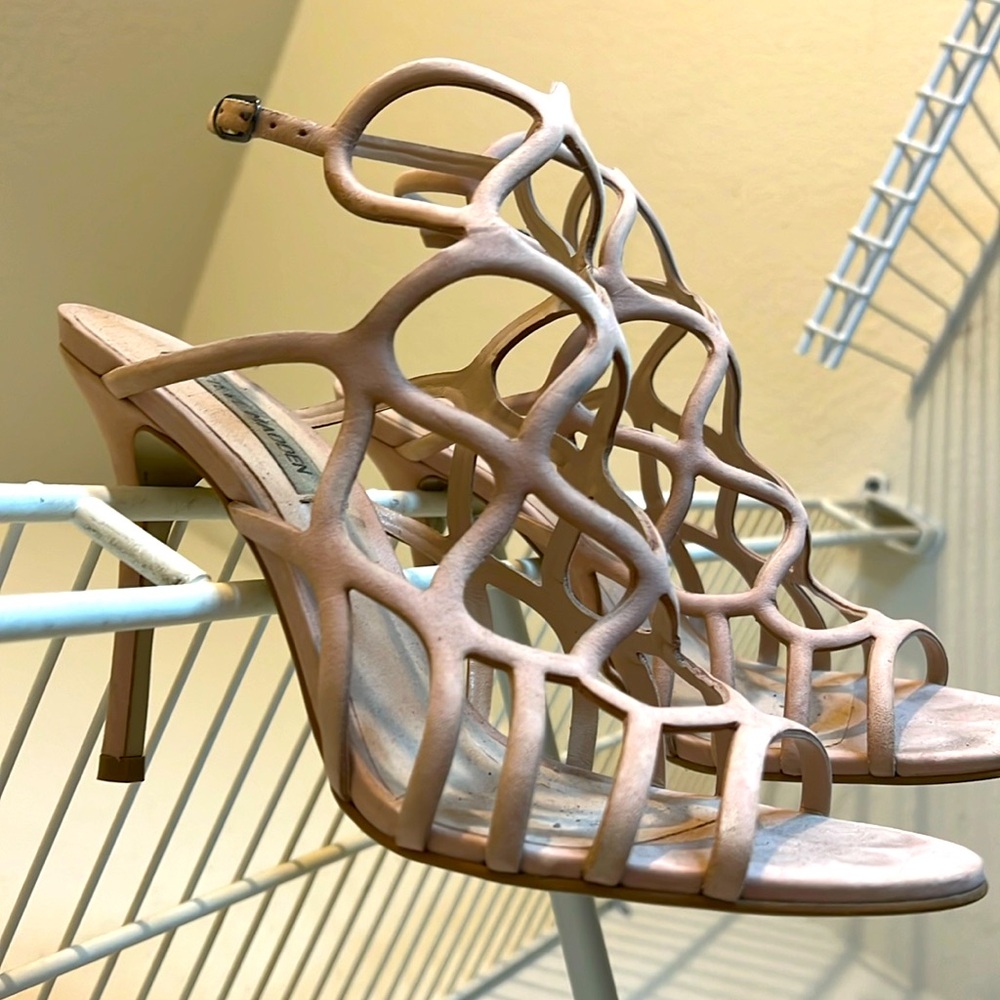 Steve Madden nude caged strapped sandals with 3 inch heels; warm sand; suede